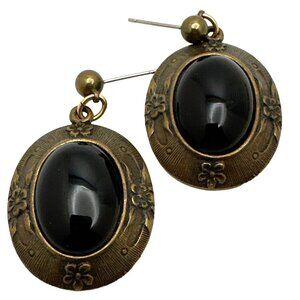 Whimsy Victorian Charm Black Onyx Earrings Oval Stone Floral Retro Classic